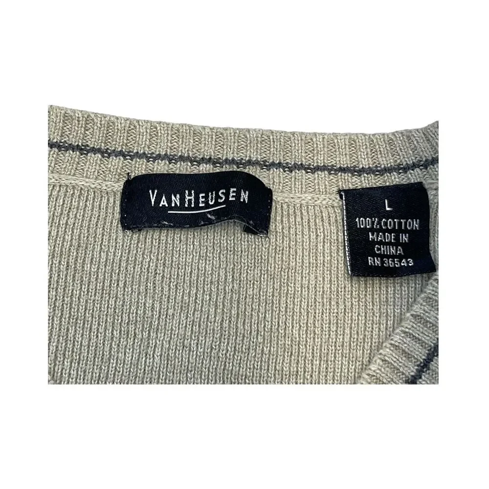 Van Heusen Sweater Men's Large Tan 100% Cotton Knit V-Neck Long Sleeve Pullover - Picture 3 of 6